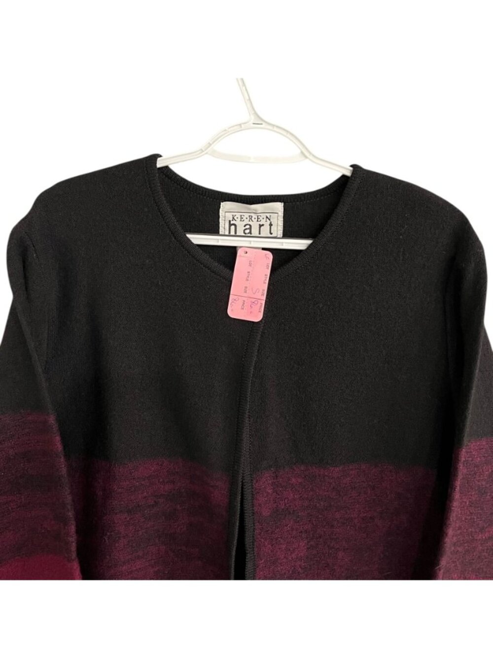 Keren Hart Women Small Cardigan Sweater Wool Blend Black & Burgundy Open Front - Picture 7 of 11